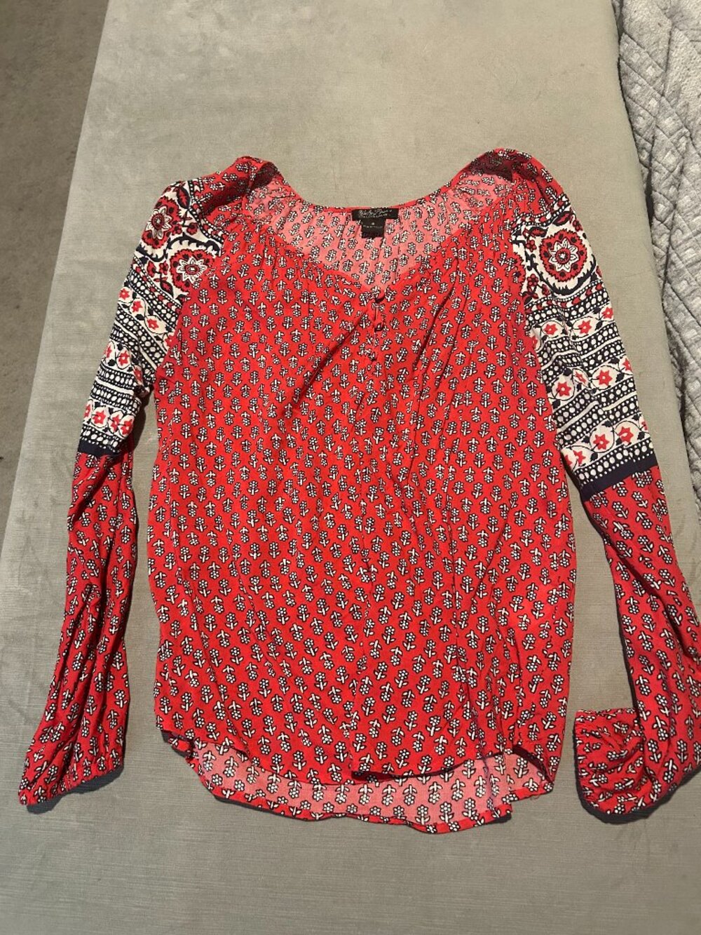 LUCKY BRAND Red Floral Mixed Pattern Long Sleeve Peasant Blouse S